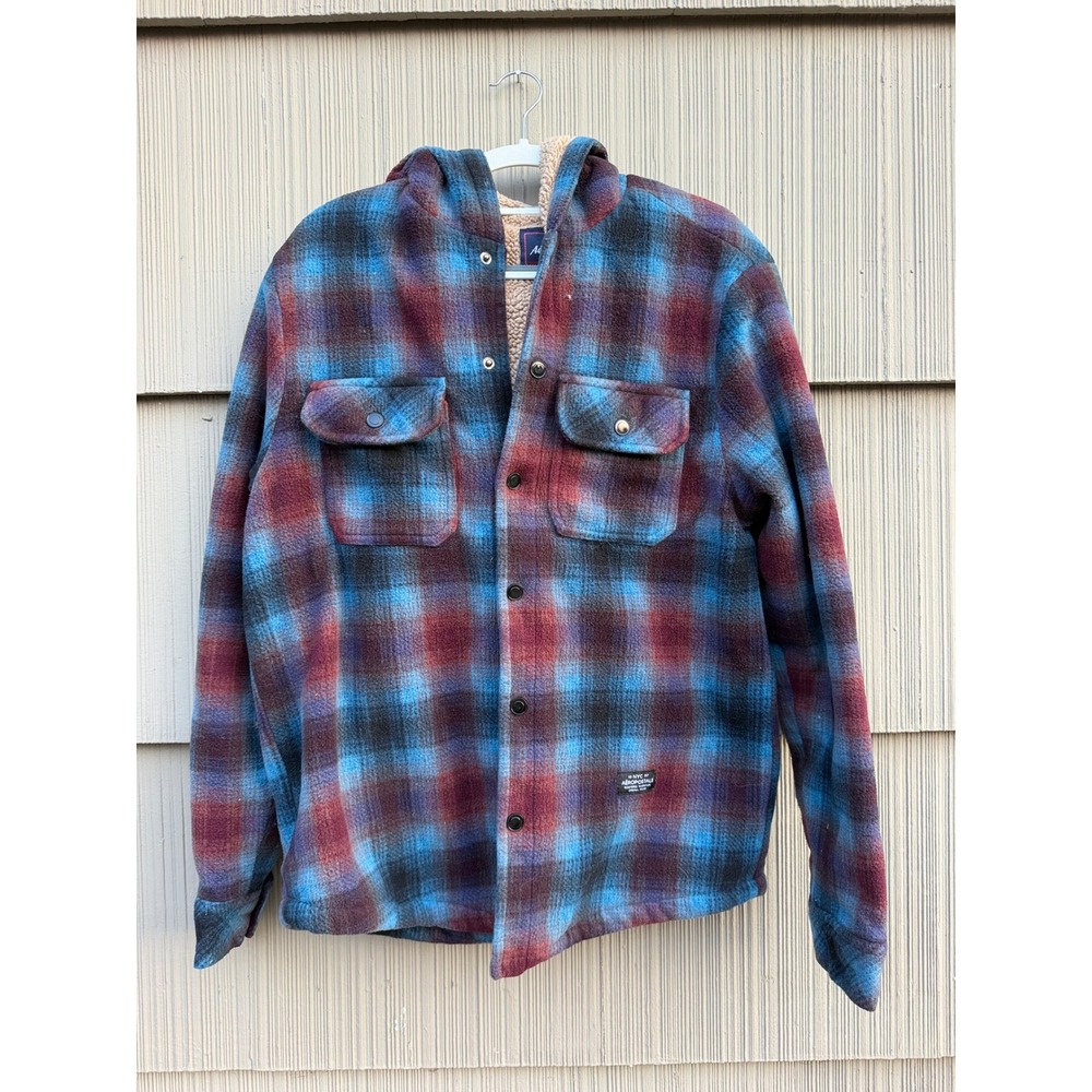 Aeropostale Mens Plaid Sherpa Lined Fleece Hooded Shirt Jacket Blue Burgundy M